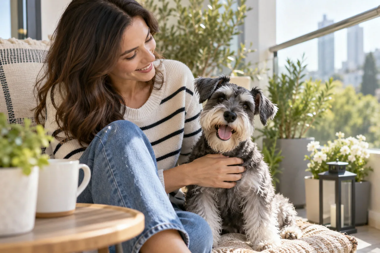 Small dog resting beside its owner outdoors
